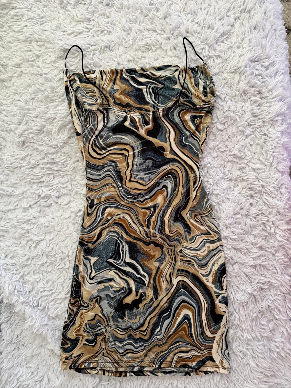 Spiral Marble-Print Slip Dress in Black & Tan